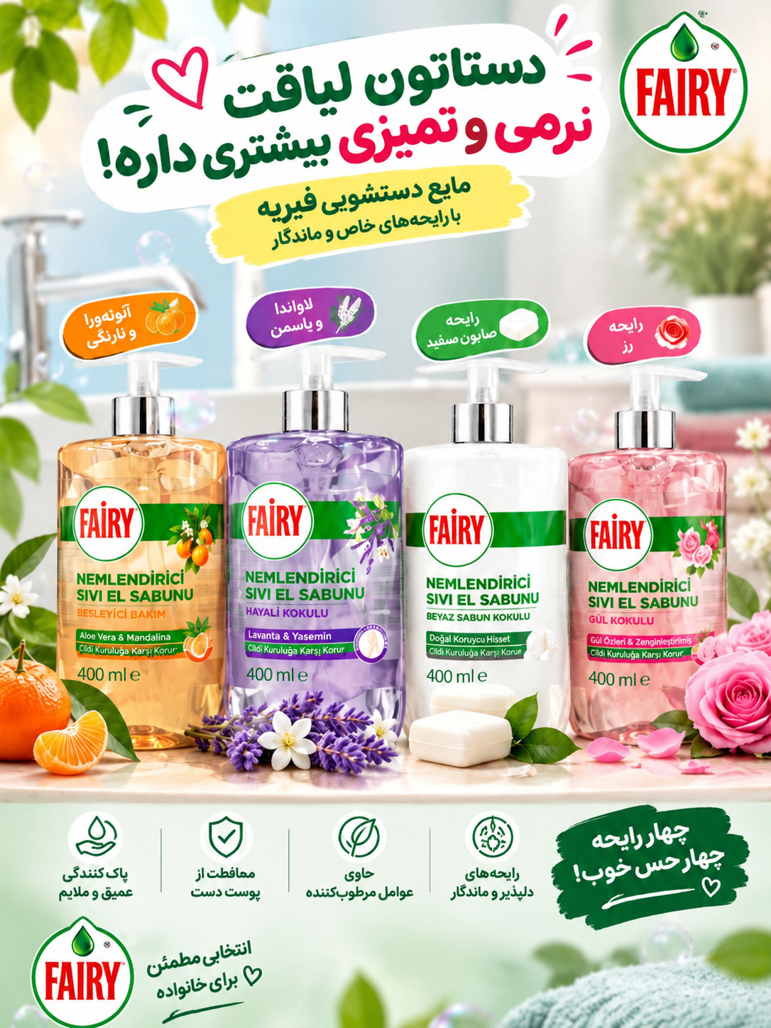 مایع دستشویی و نرم کننده فیری حاوی هیالورونیک اسید و ویتامین B5در 4 رایحه اورجینال